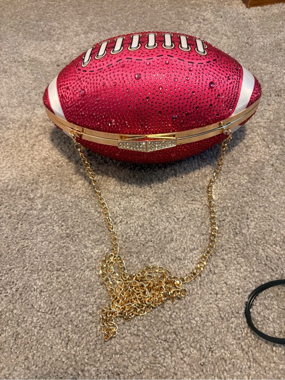 Betsy Johnson embellished Tackle Me pink Crystal Football Clutch w/gold Chain